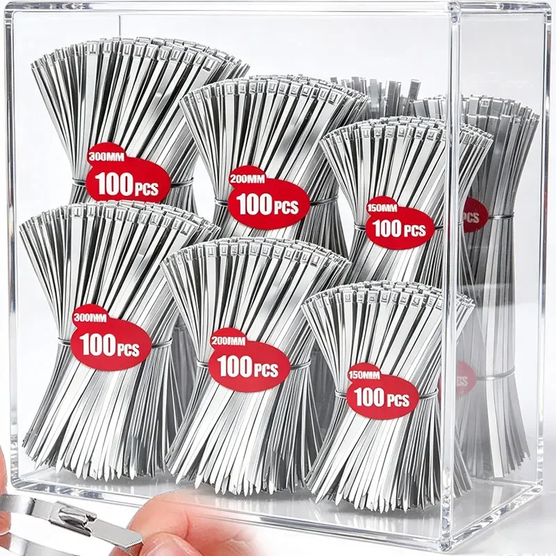 100Pcs 304#Stainless Steel Cable Ties Heavy Duty Self-Locking Cable Zip Tie Multi-Purpose Metal Exhaust Wrap Locking Ties