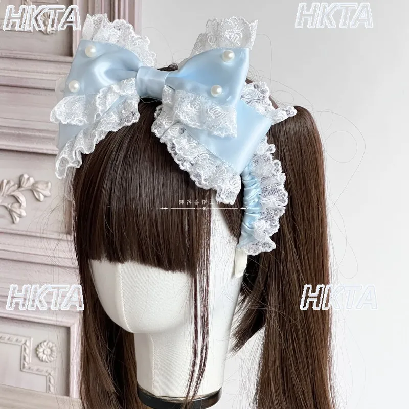 Sweet lace stitching Lolita handmade lace headband bow kc headgear women kawaii pearl gorgeous cosplay hair accessories female