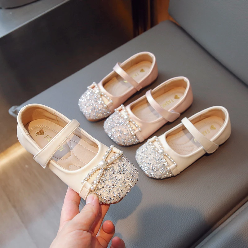 

Toddler Girls Leather Shoes with Shiny Beaded Bow 2025 New Autumn Kids Mary Jane Ballet Flats Soft Sole Elegant Party Daily Wear