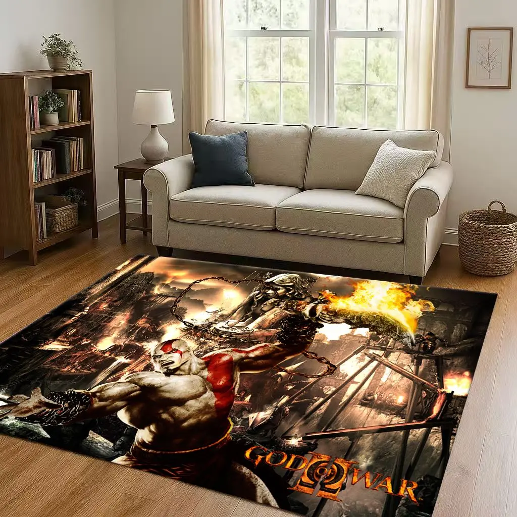 Gioco God of War Kratos Cartoon Gamer Soggiorno Tappeto antiscivolo Tappeto morbido per camera da letto Sala giochi Divano, Zerbino per la casa facile da pulire