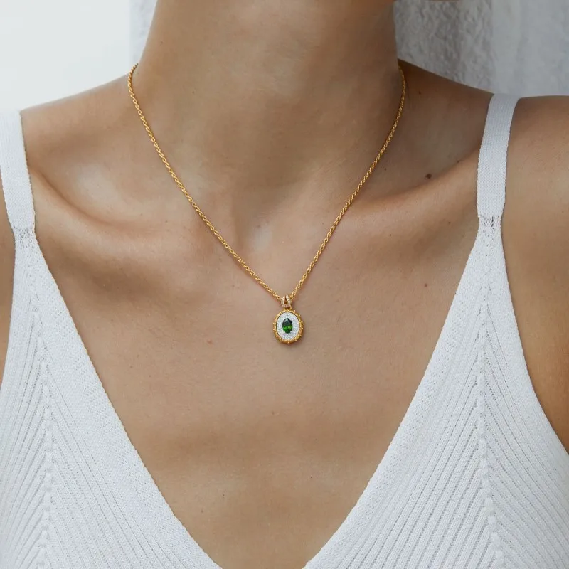 Natural Diopside 925 Sterling Silver Pendant Necklace Women Oval Classic Green Stone Chokers Necklaces French Style Luxury Gift