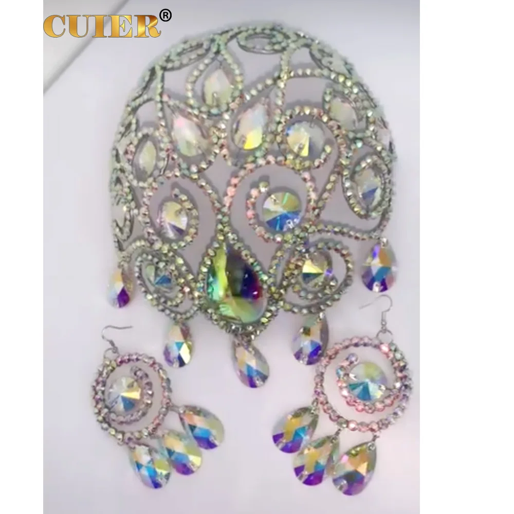 CUIER Crystal Glass Rhinestone Drop Pendant Hat Hair Jewelry for Women Headpiece for Drag Queen for Stage Accessory