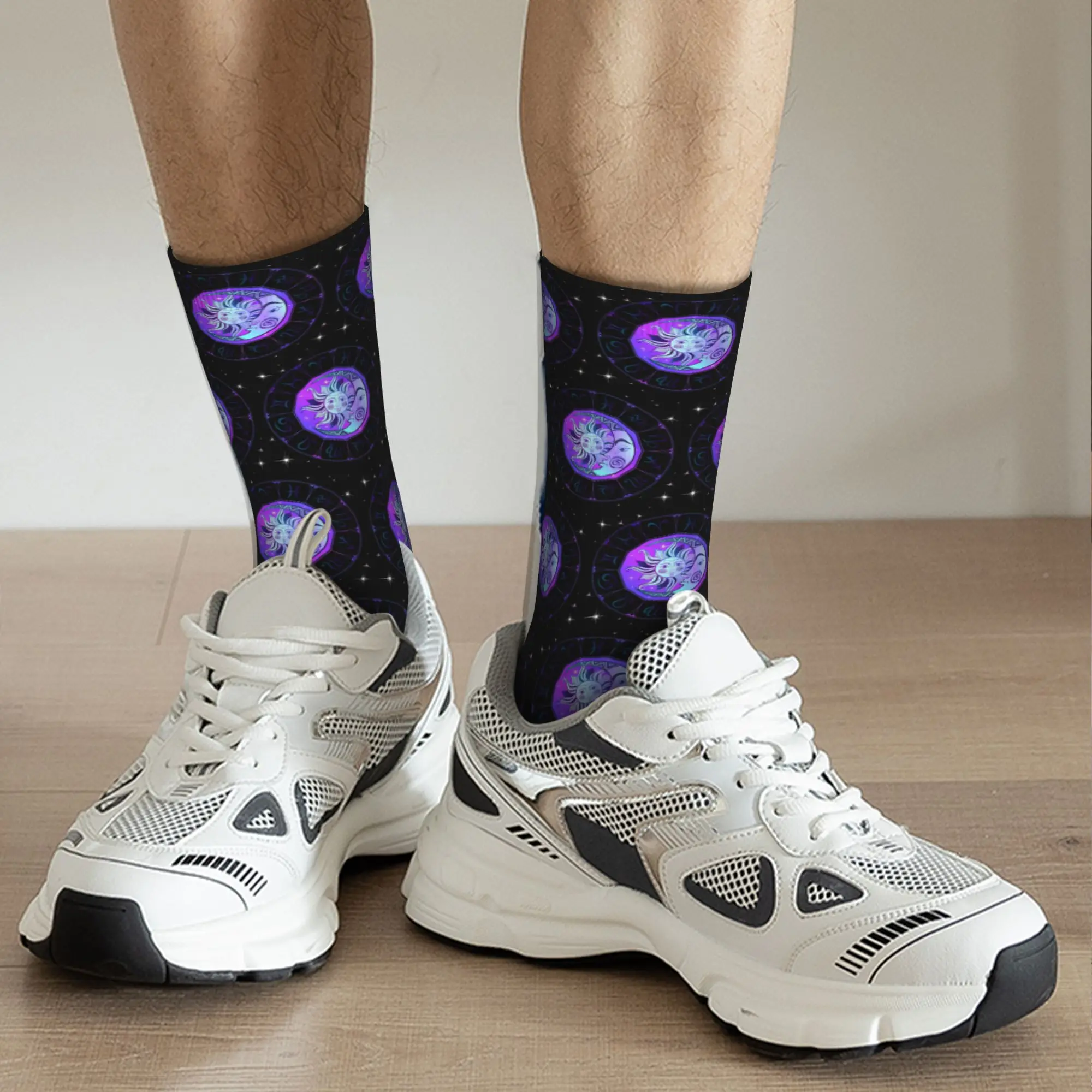 Zodiac Wheel Space Purple Socks Harajuku Sweat Absorbing Stockings All Season Long Socks Accessories for Unisex Christmas Gifts