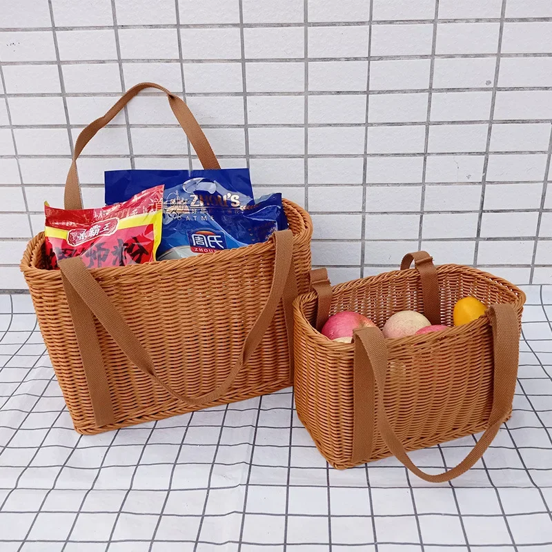 Imitation rattan woven picnic cloth with tote bag shopping basket square shopping for vegetables blue fruit picking basket