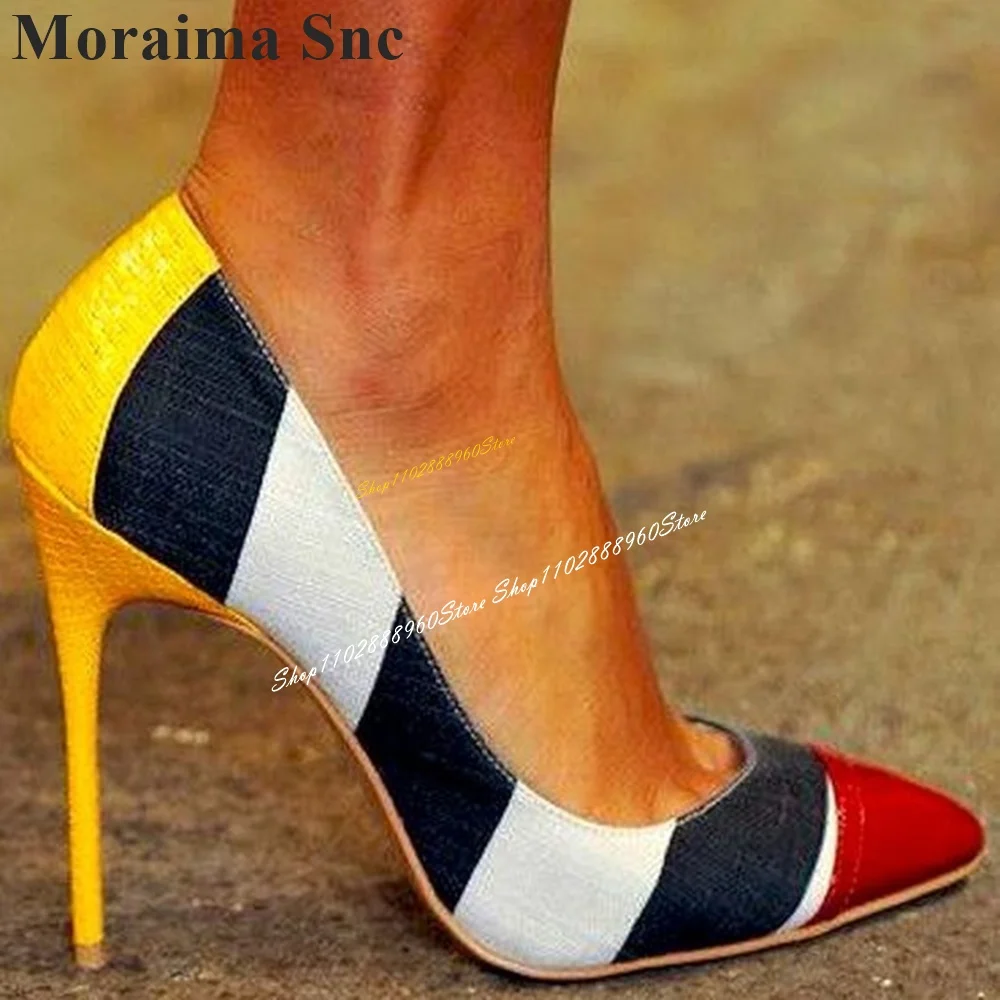 Trendy Mixed Splicing Shallow Pumps Thin High Heel Shoes For Women Slip On Pointed Toe 2024 Modne Zapatos Para Mujere