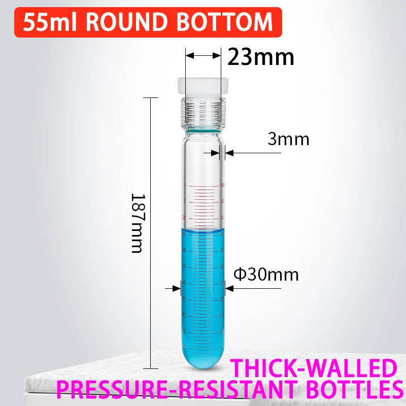 50-175ml thick-walled pressure-resistant bottle with round bottom, screw-top glass colorimetric tube with graduated PTFE stopper