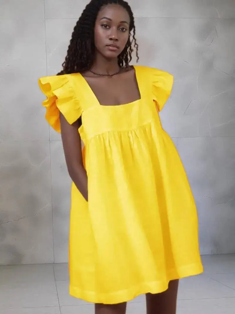 Minivestido con volantes para mujer, Vestidos bonitos con cuello cuadrado y bolsillos, Vestidos elegantes con manga de mariposa para fiesta en la playa, Vestidos femeninos ZU4Y