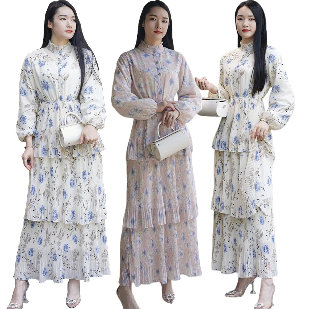 

Floral Print Abaya Women Elegant 2023 Muslim Long Sleeve Layered Wrinkle Dress Dubai Islamic Arab Robe Kaftan Party Ladies Gown