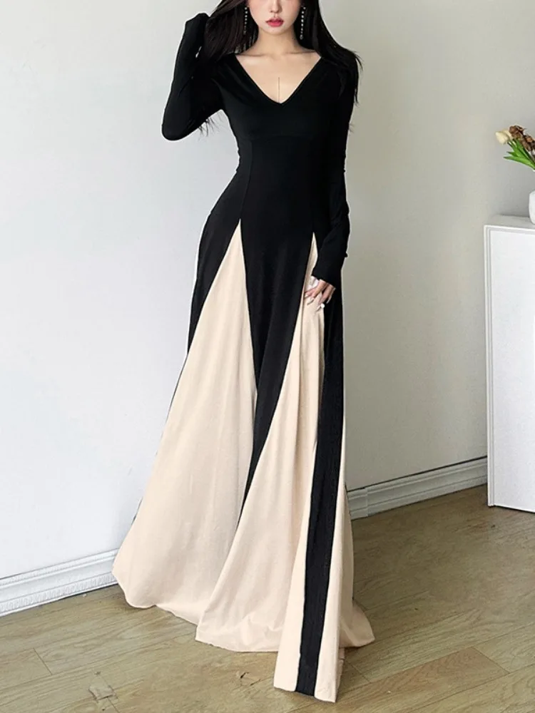 Party Dress for Women Contrast Color Patchwork Slim Waist Long Robe Elegant Femme Vestidos De Mujer Vintage V Neck Maxi Dresses