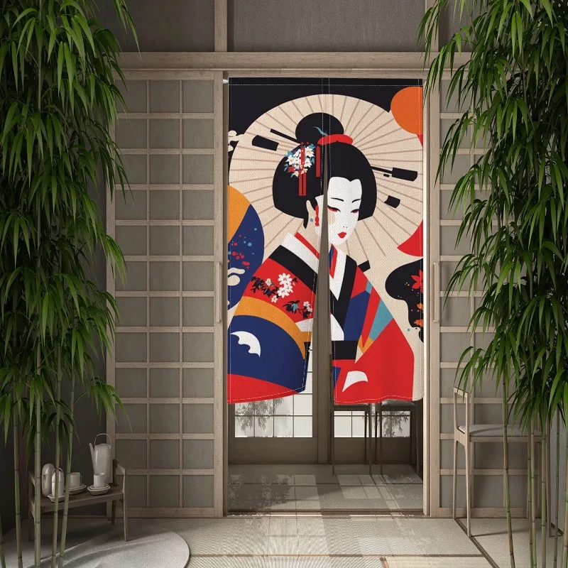 Japanese Geisha Oiran Door Curtain Japanese Lady Cherry Blossoms Half Curtain Kitchen Entrance Partition Hanging Doorway Curtain