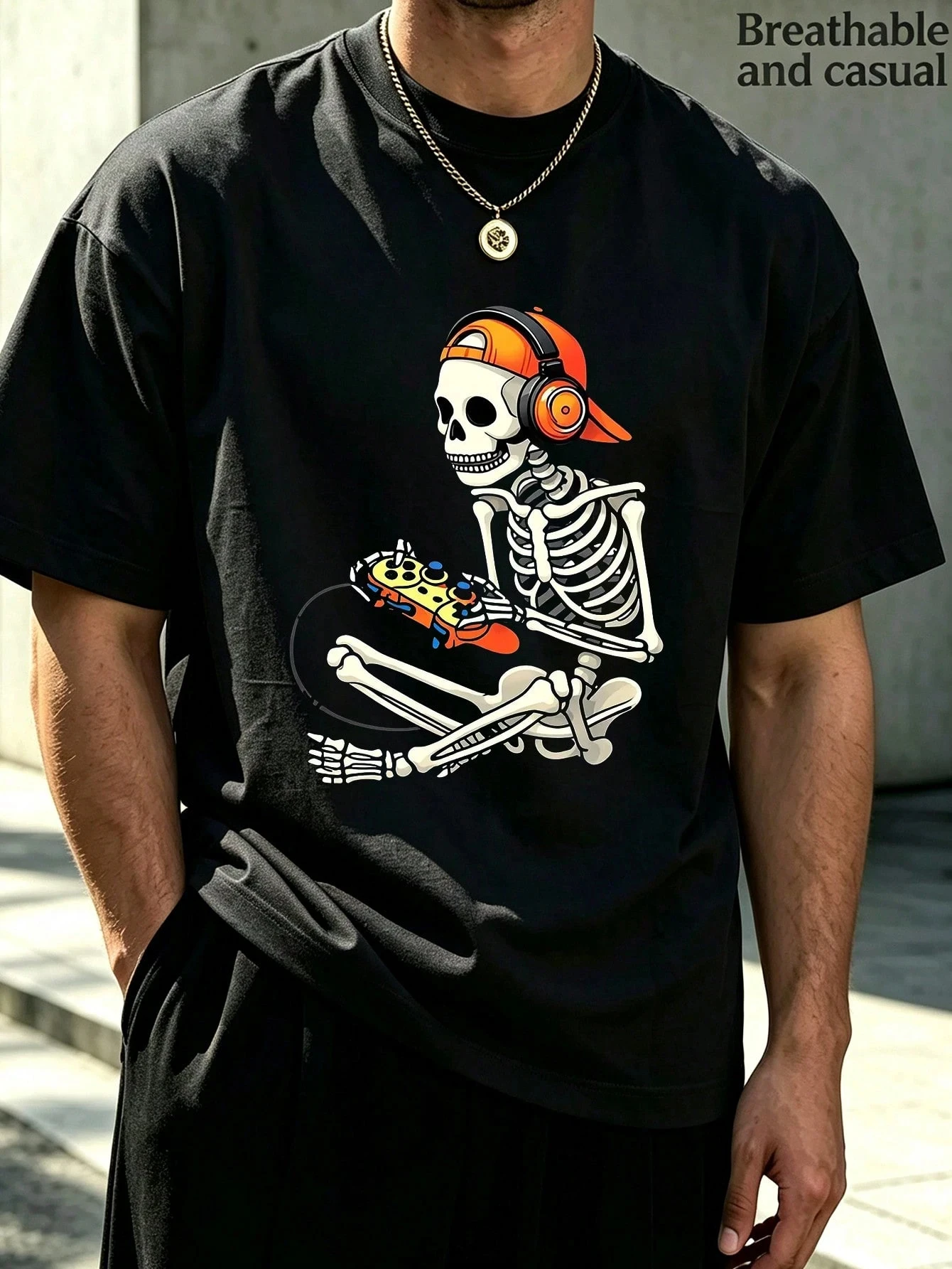 2026 Nova Camiseta Unissex Oversized de Streetwear para Família a Combinar no Halloween, Estampa de Esqueleto Gamer com Fone de Ouvido e Controle de J