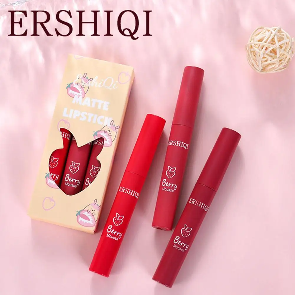 3pcs Strawberry Lip Glaze Set Velvet Matte Liquid Lipstick Lipstick Non stick Cup NEW