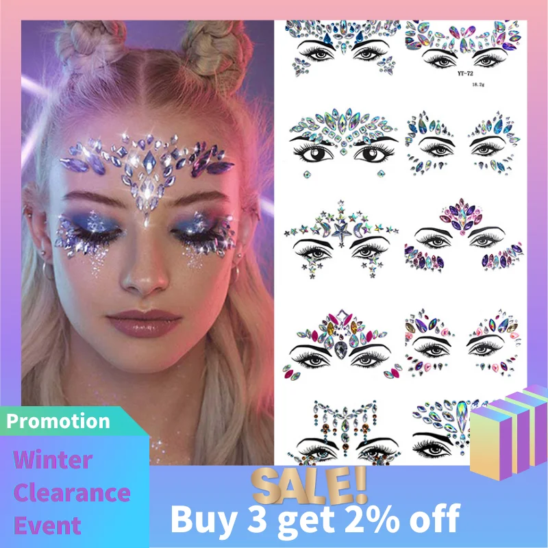 3D Sexy Face Tattoo Stickers Temporary Tattoos Glitter Fake Tattoo Rhinestones For Woman Party Face Jewels Tatoo Face Decoration