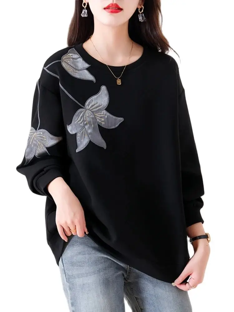 

Quality Embroidered Black Floral Sweatshirts 2024 O-Neck Long Sleeve Loose Casual Oversized Tops Pullovers Female Korean Fashion