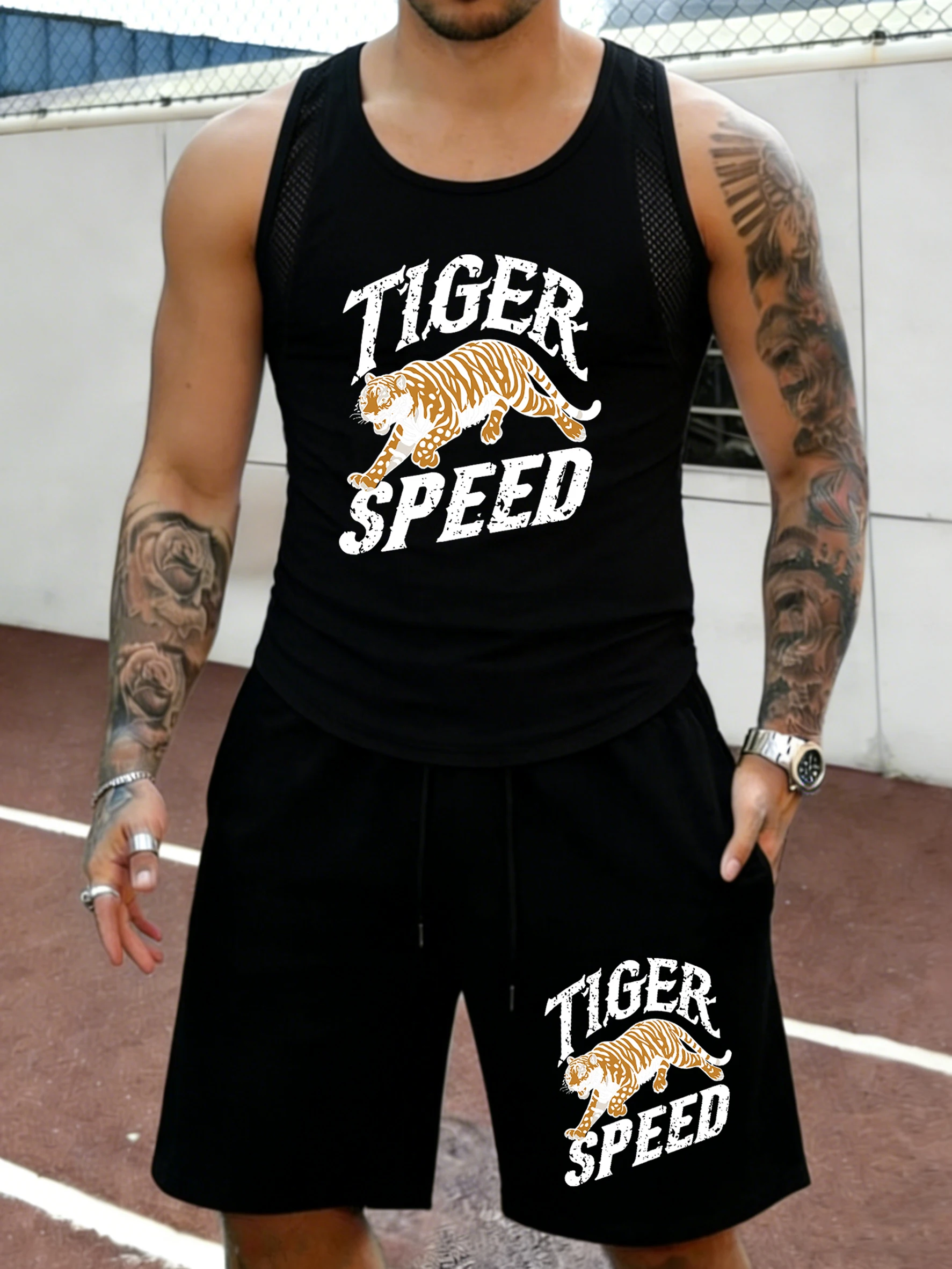 

Running Tiger Speed Print Man Mesh Summer Fitness Vest Set Quick Dry Sportswear Classic Pocket Shorts Hip Hop Basic Short Pants