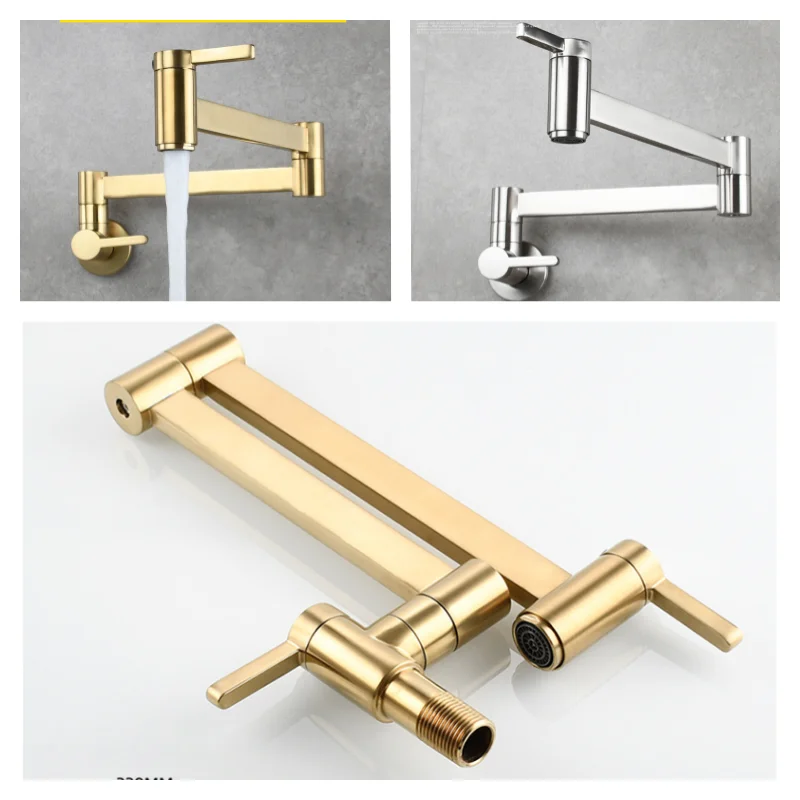 Brass Double Switch Basin Faucet Kitchen In-Wall Foldable Single Cold Tap Mop Sink Extension Pot Filler Faucet Gold Black Chrome