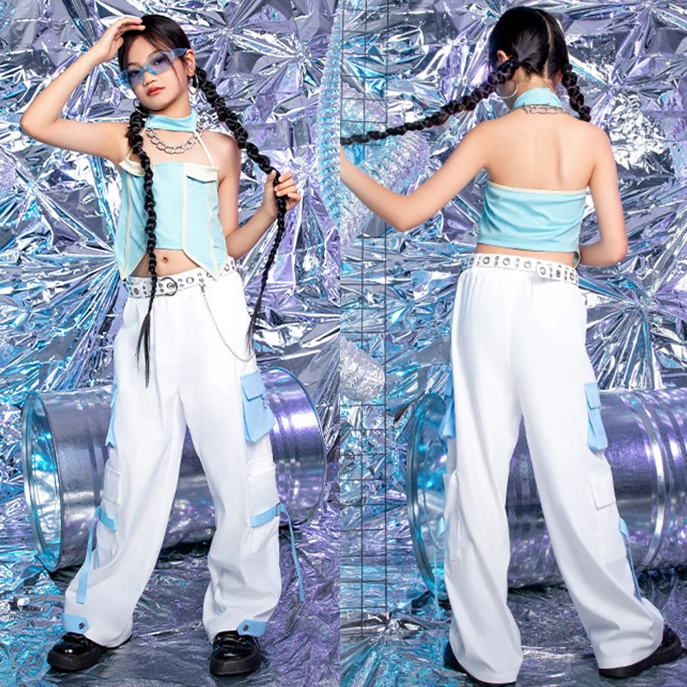 

Jazz Dance Costume Girls Street Dance Set Hip Hop Kpop Stage Outfit Fashion Show Runaway Wear Crop Top White Trousers New AMY409