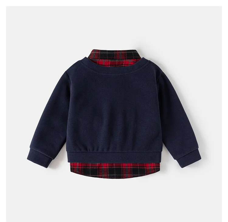 2026 Frühling Kinderkleidung Hoodie Jungen Preppy-Stil Fake-Zweiteiler Sweatshirt Karierter Kragen Langarm Besticktes Jungen-Oberteil – Detail 4