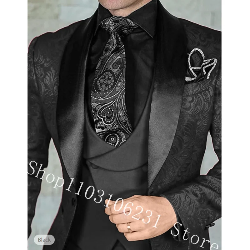 Jacquard Floral Tuxedo Suits For Men Wedding Slim Fit Blazer Burgundy Gentleman Groom Tuexdos Jacket 3 Pieces Male Costume Homme