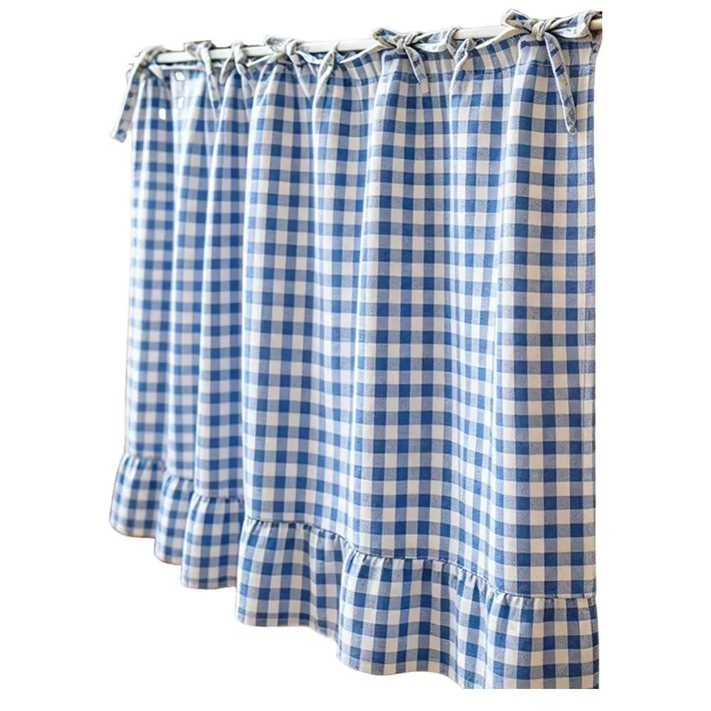 Ruffled Edge Farmhouse Plaid Kitchen Oven Skirt Cotton with Tie Ribbon Kitchen Cabinet Curtain No Drilling Half Door Curtain