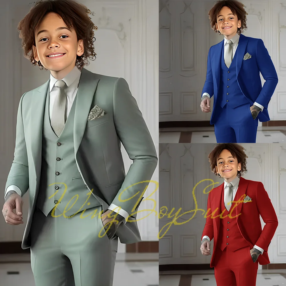 Summer Light Green Suit for Boys Wedding Tuxedo Kids 2-16 Years Old Blazer Pants Vest Three-piece Suit