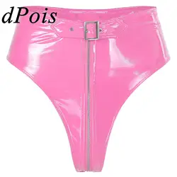 Women Wet Look PVC Briefs Underwear High Cut Zippered Panties with Belt Sexy Intimates Lingerie Nightclub Pole Dance Costume