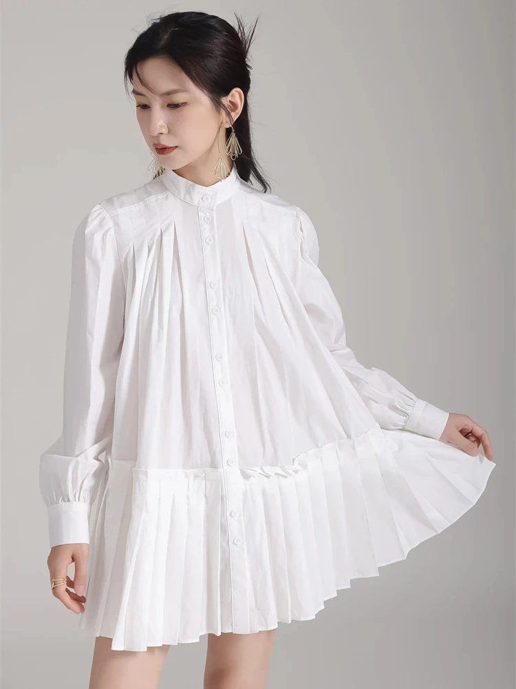 

Women Blue Pleated Hem Long Big Size Blouse New Stand Collar Long Sleeve Shirt Fashion Tide Spring Autumn 2024 1DH5707