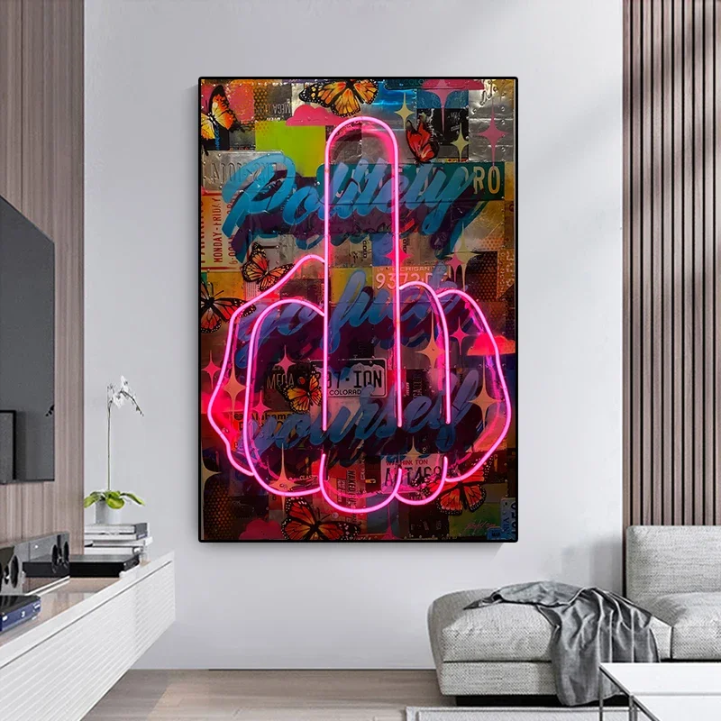 Classic Abstract Wall Art Neon Design Middle Finger Painting HD Canvas Printed Poster Home Living Room Bedroom Decoration