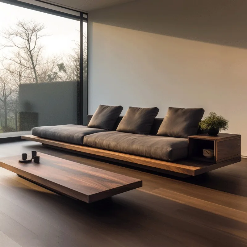 Solid wood straight row North American black walnut sofa, ash wood simple living room villa fabric sofa