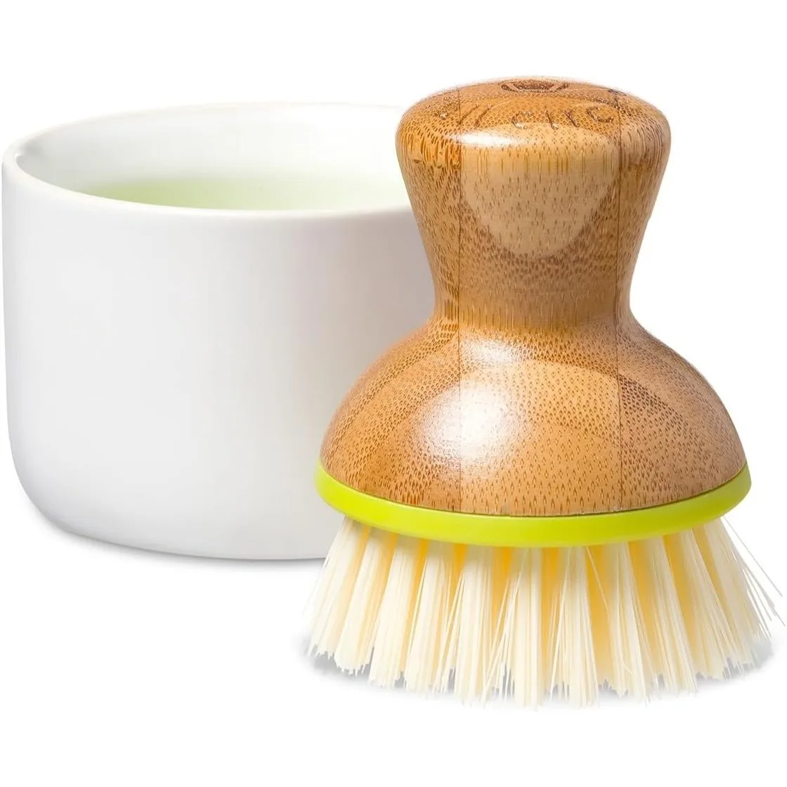 

Bamboo Dish Brush with Ceramic Soap Dispenser for Nonstick & Cast Iron Cookware, White