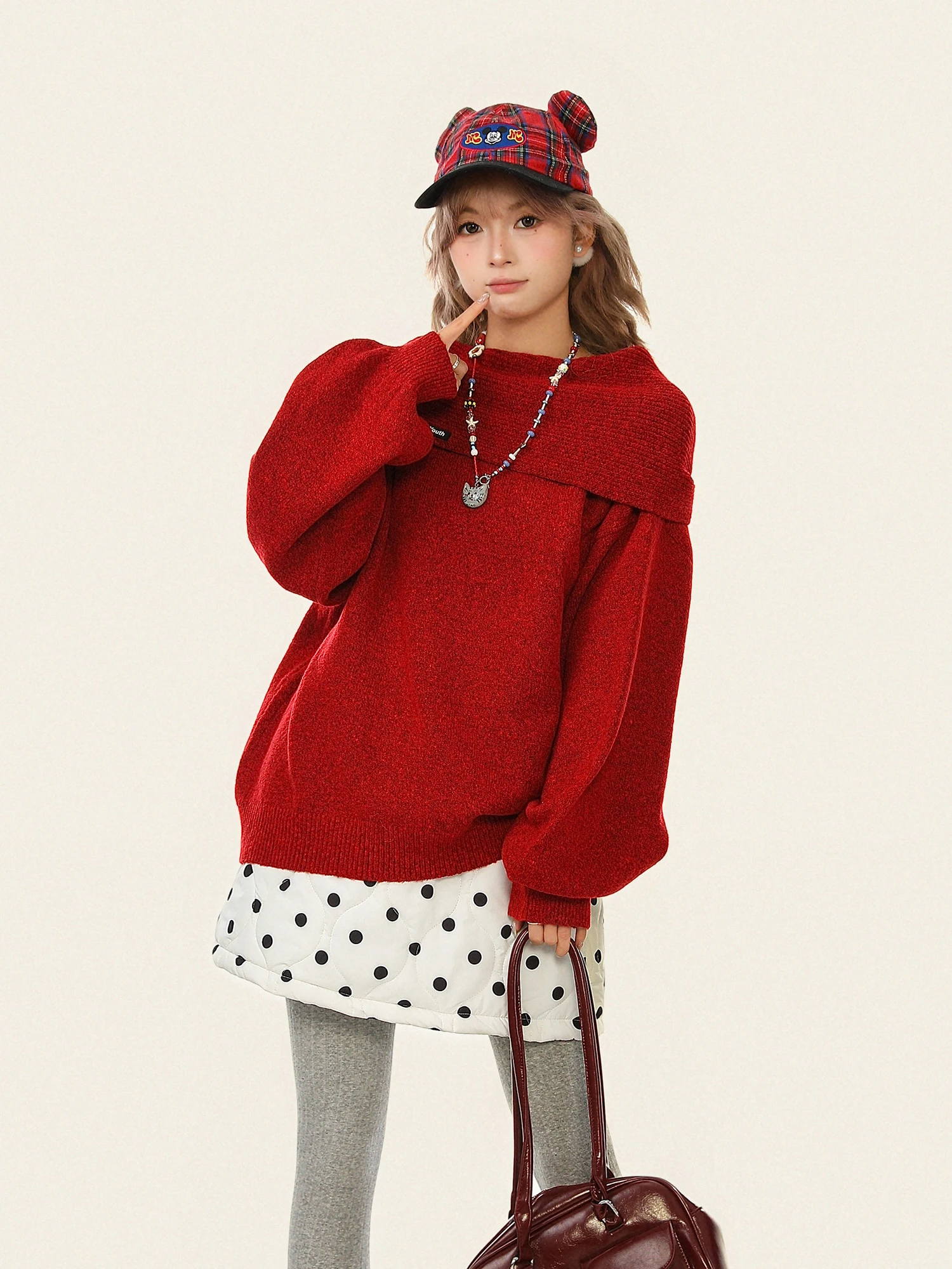 

Красный вязаный свитер на одно плечо свободного кроя для женщин, повседневный, удобный, из полиэфирного волокна, с длинным рукавом, теплый зимний топ