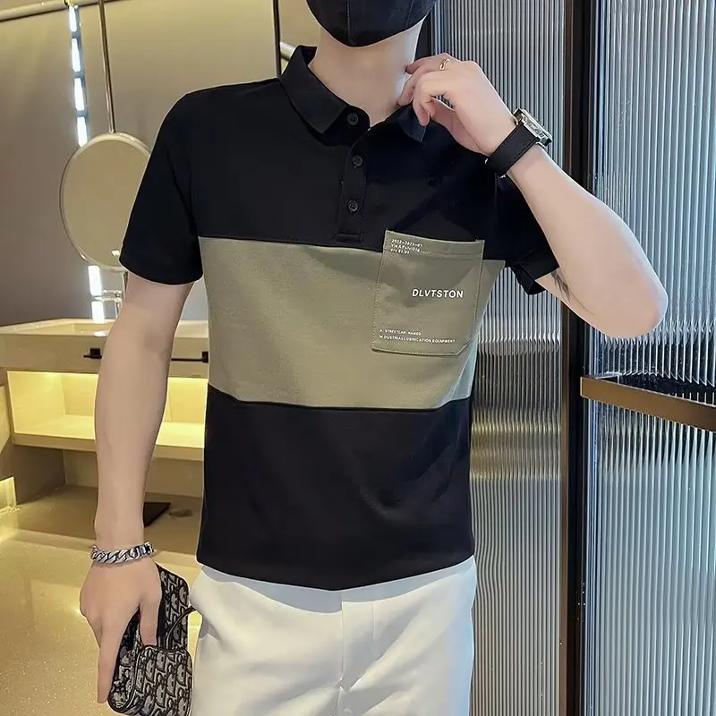 

Summer Men's Lapel Short Sleeve T-shirt Versatile Handsome Top Casual Business Contrasting Color Patchwork Slim Fit Polo Shirt