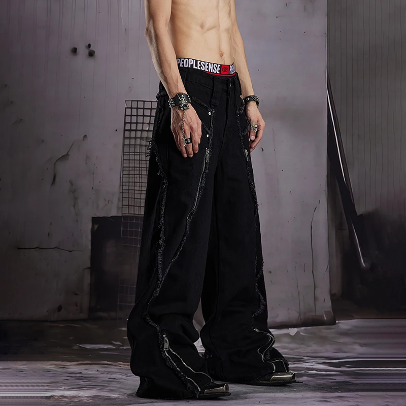 LUZHEN 2026 Original Zipper Decorate Split Niche Design Wide Leg Jeans Men's Fashion Solid Color High Street Denim Pants JY8760