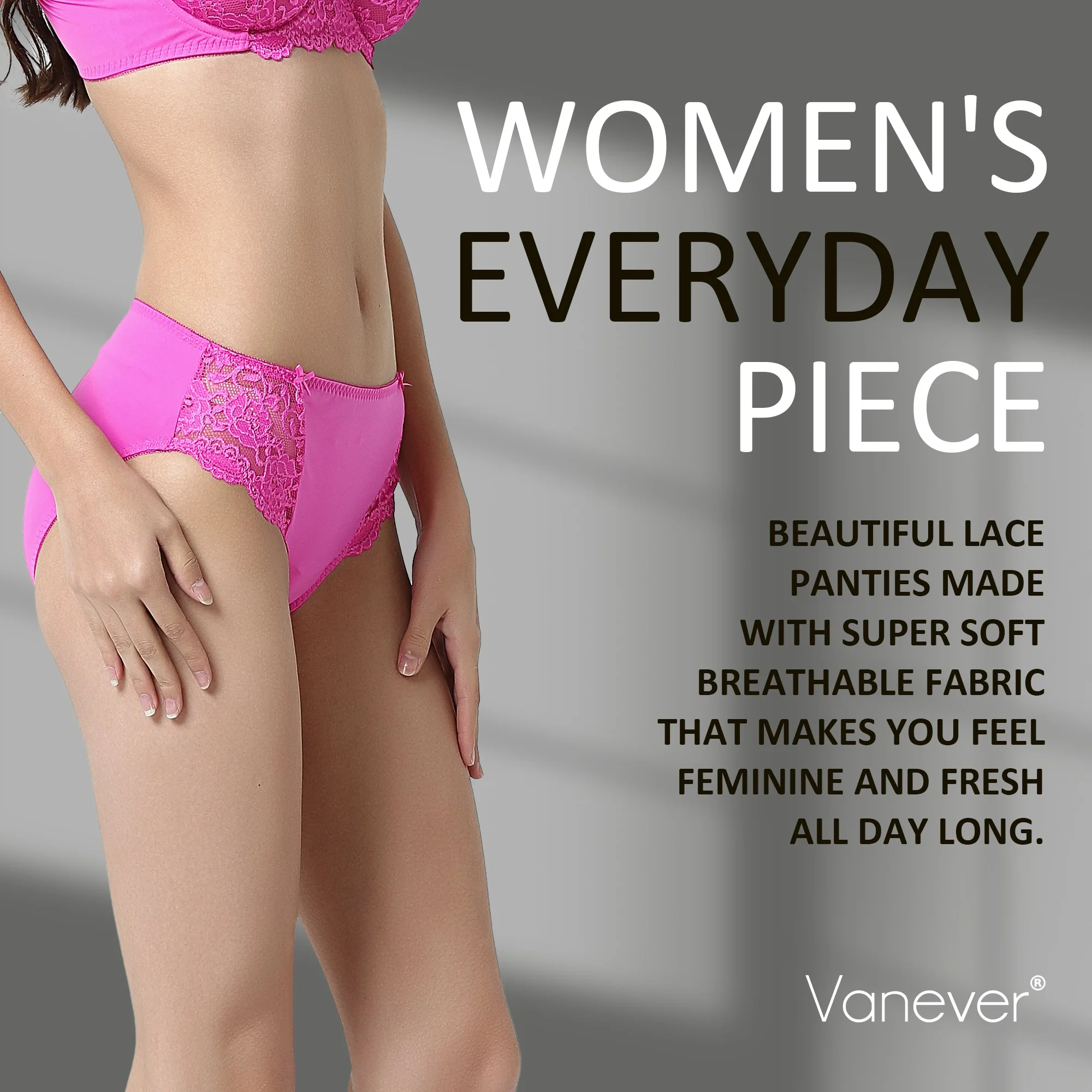 VANEVER Female Underwear, Mid-waist Bowtie Floral Lace Bright Rose Panties, Soft Breathable Nylon Briefs, Lingeries for Woman