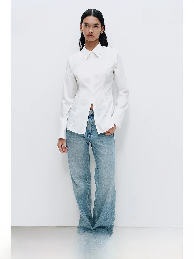 

H&M Women's Shirt Long Sleeve Turn-down Collar Padded Shoulder Design Casual Style Long Length Commute Shirt Cotton Polyester...