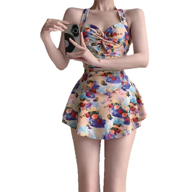Summer Swimsuit Women's Suspender One-piece Thin Niche Retro Floral Thin Backless Girl Hot Spring Swimsuit