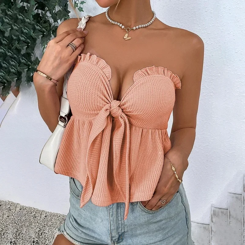 New Sexy Strapless Open Back Chest Tie Up Waist Ruffle Edge Ultra Short Sleeveless Tank Top Street Wear Women Clothing YSQ11