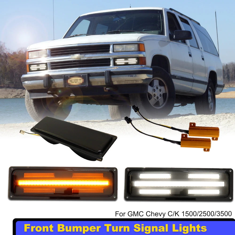

For GMC Chevy C/K 1500/2500/3500 Truck Front Bumper Sequential Amber Turn Signals Lights Assembly White LED as DRL 88-98