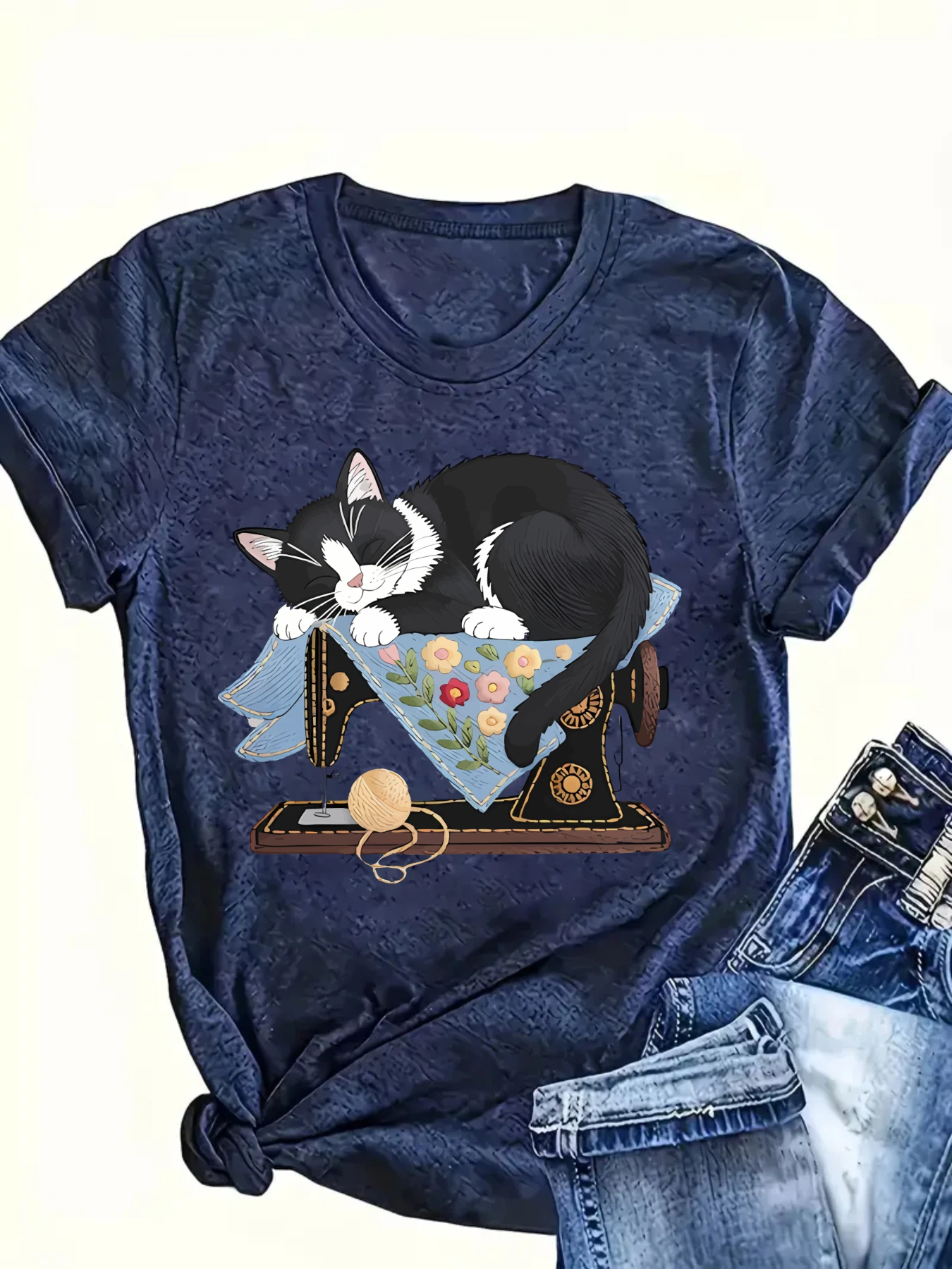 

plus size women's short sleeve t-shirt Cat On Sewing Machine breathable fabric summer outfit women's clothing