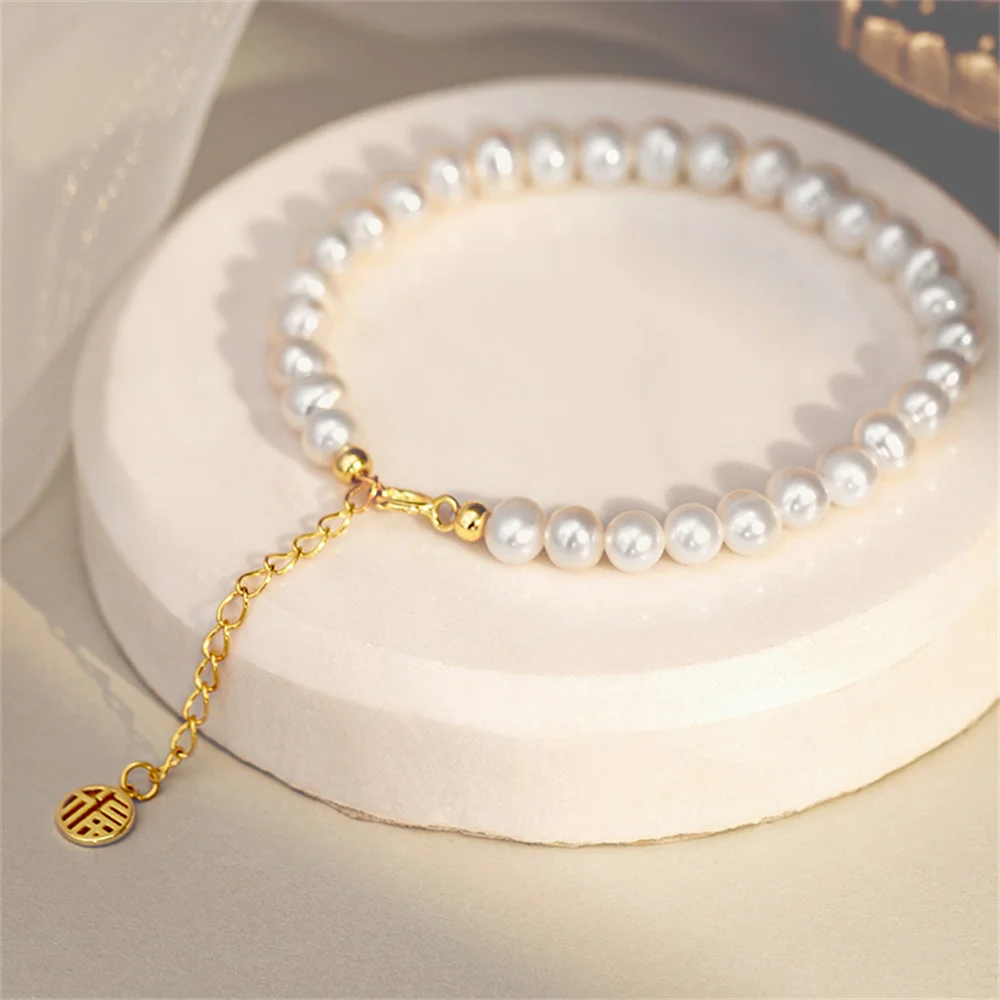 

Korean s925 Sterling Silver Bracelet for Women, Natural Pearl + Fortune Plate, Adjustable New High-End Design Exquisite Jewelry