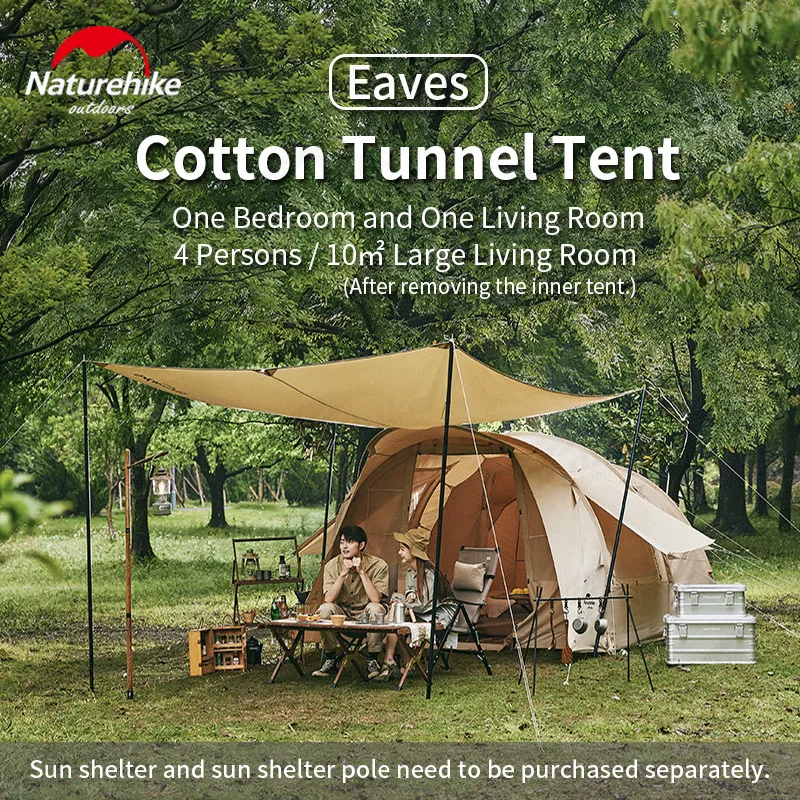 Naturehike Glamping Eaves Cotton 10㎡ Tunnel Tent 3-4 Persons  Internal Removable Camping Equipment Breathable PU2000mm Tent