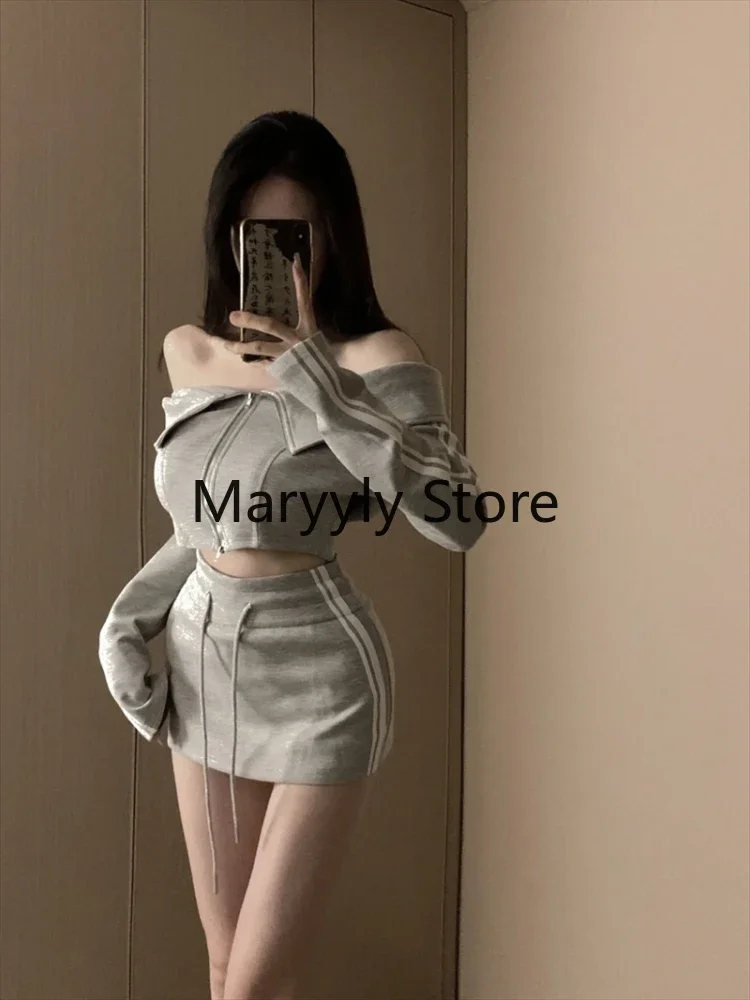 Pure Color 2 Piece Skirt Set Women Sexy Bodycorn Long Sleeve Sweatshirts Tops + Casual High Waist  Sport Mini Skirt 2023 Autumn