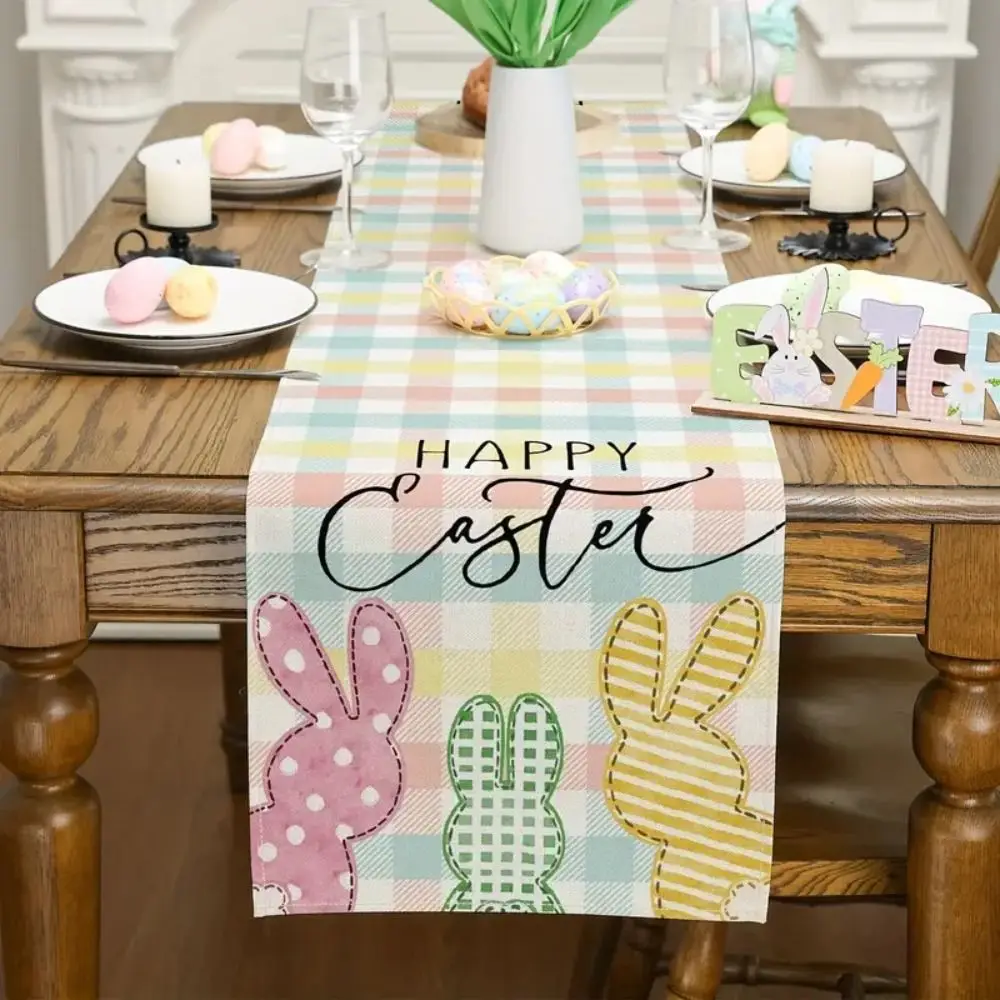 Light Luxury Easter Rabbit Table Runner Vintage Wash Free Linen Bunny Table Cloth Oil Proof Nordic Style Table Cover Table