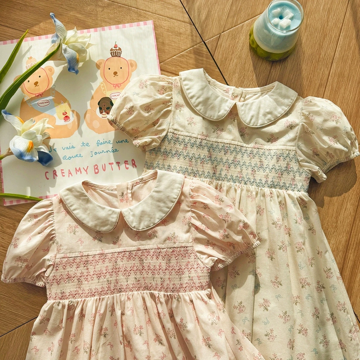 

2026 Summer New Peter Pan Collar Contrasting Color Girls Dress French Printed Short Sleeved Princess Dress Korean