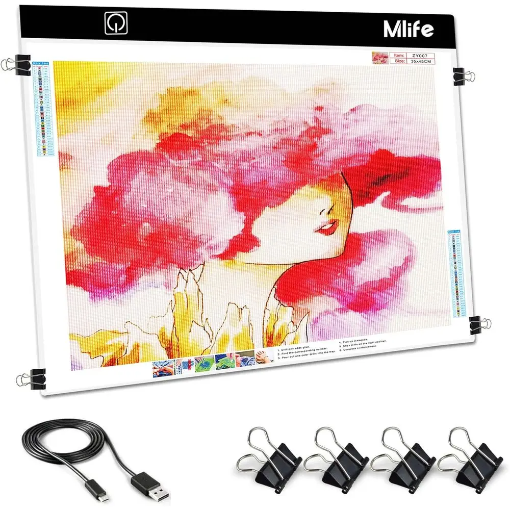 

A2 LED Light Pad or Diamond Art Painting Light Board with 3 Brightn, Tracing Light Board with USB Cable & 4 asten Clips or Sketc