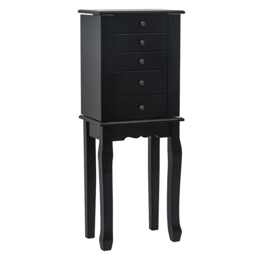 Standing Jewelry Armoire with Mirror 5 Drawers 6 Necklace Hooks Jewelry Cabinet Chest with Top Storage Organizer 2 Side Swing D