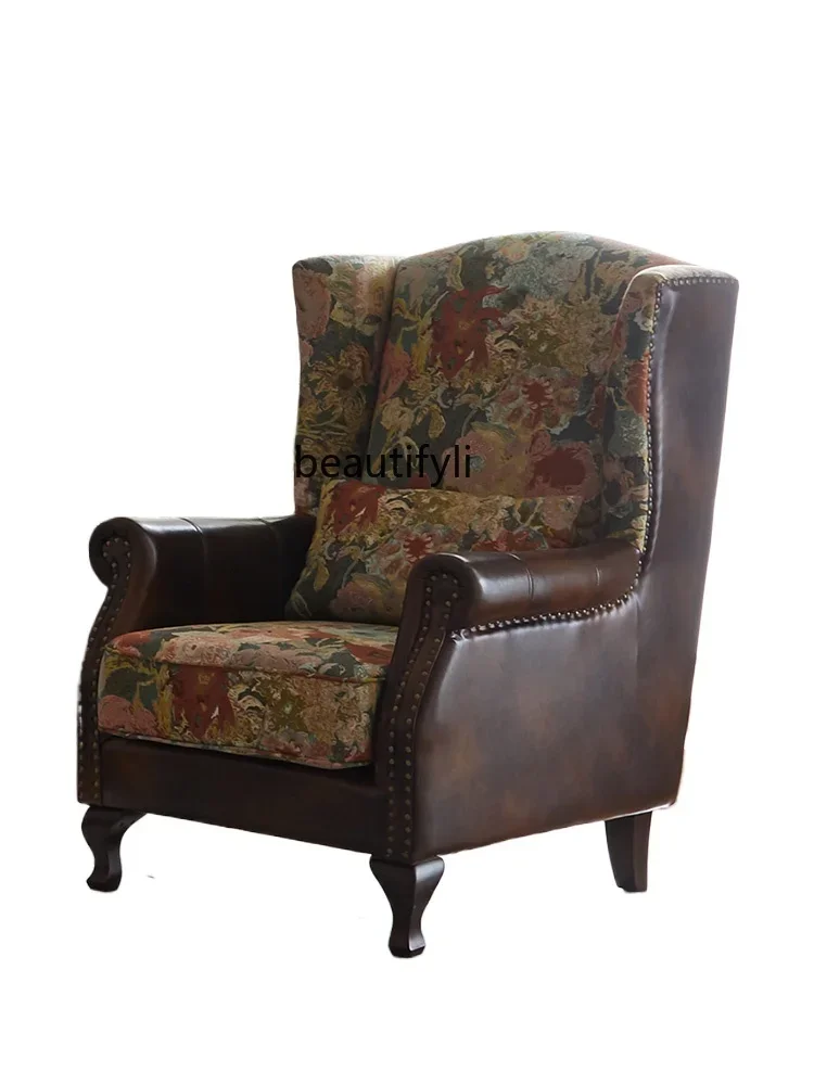 Vintage Leather Armrest Chenille Jacquard Single High-Back Sofa Wingback Chair with Rivets