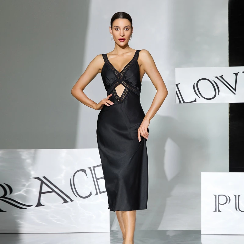 2026 Hot selling Black Satin Lace Cross Hollow Removable Chest Cushion Strap Medium length Home Skirt