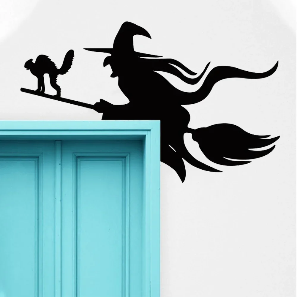 1pc Stylish Witch on a Broom Wall Sticker: Cool Metal Art for Door Corners & Frames. Trendy Halloween Wall Decor for Chic Spaces