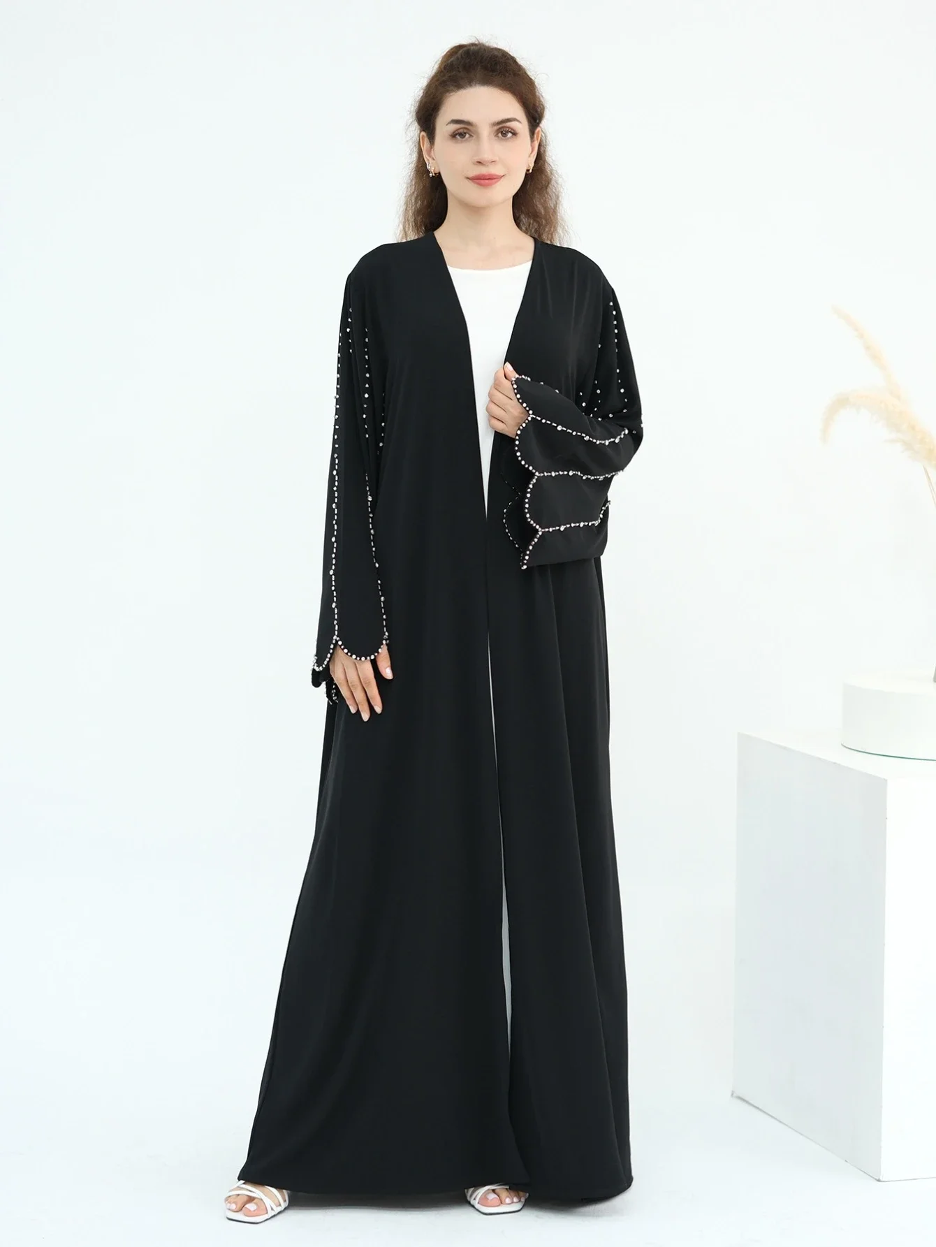 Eid Women Abaya Diamond Beading Sleeve Cardigan Dress Muslim Jalabiya Ramadan Islam Party Arab Long Robe Morocco Dubai Kaftan